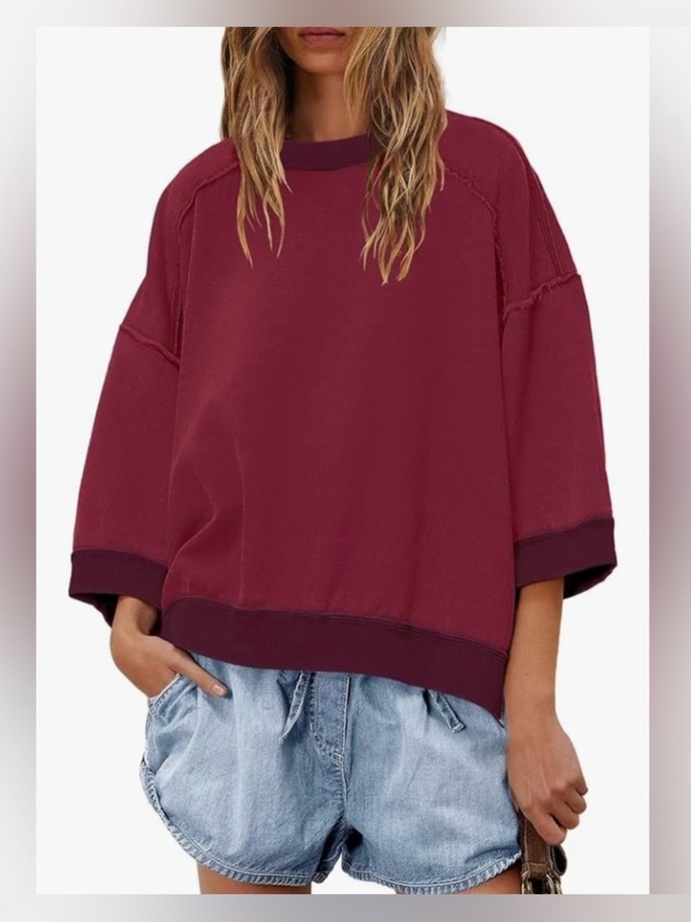 Boutique Oversized Beach Babe 3/4 Sleeve Pullover Oxblood Sweatshirt Knit M NWT